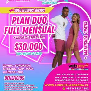 Socios nuevos /PROMO PLAN DUO FULL MENSUAL $30.000 +MATRICULA GRATIS ( Sede La Serena)