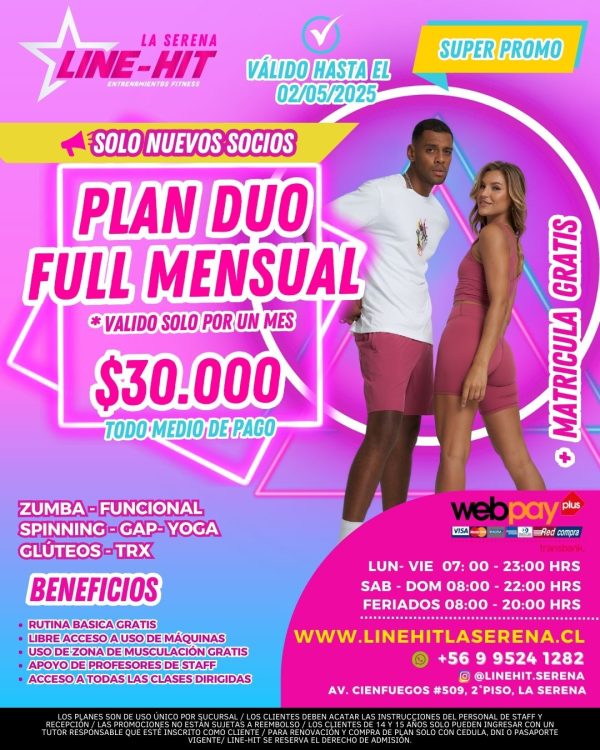 Socios nuevos /PROMO PLAN DUO FULL MENSUAL $30.000 +MATRICULA GRATIS ( Sede La Serena)