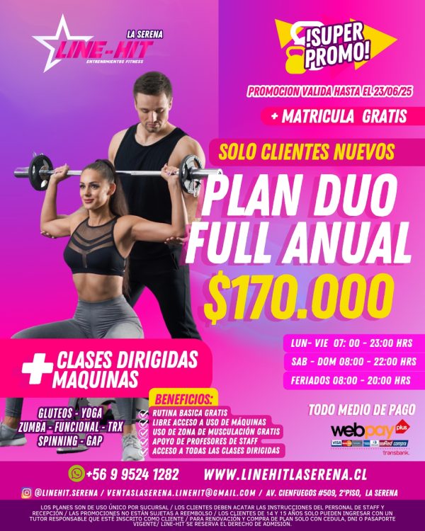 SOCIOS NUEVOS /PROMO DUO PLAN FULL ANUAL $170.000 +MATRICULA GRATIS ( Sede La Serena)